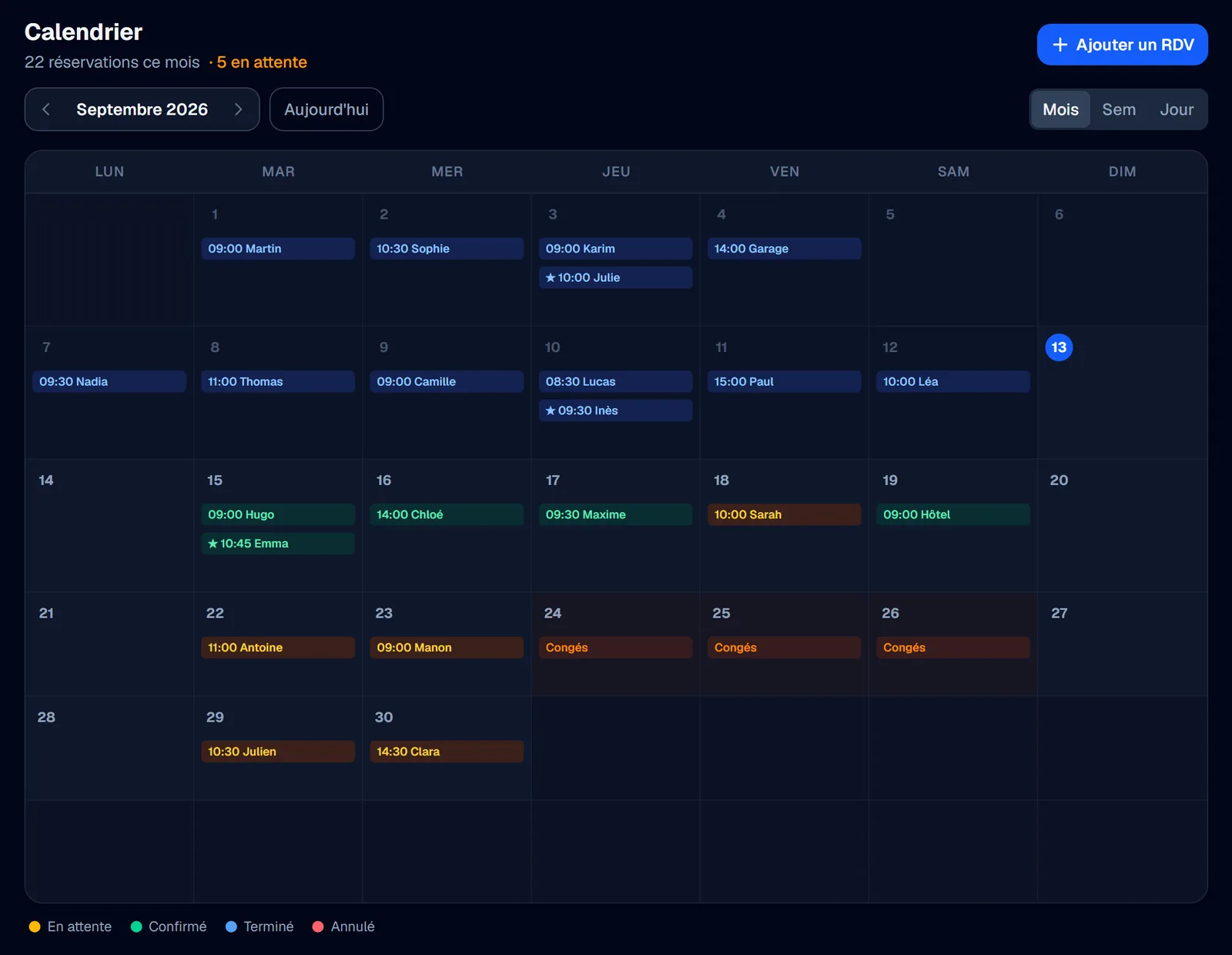 Le calendrier WashBoard : les rendez-vous du mois, les créneaux groupés et les congés