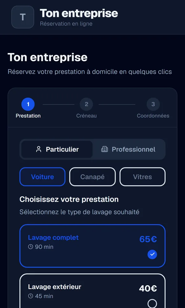 La page de réservation WashBoard sur téléphone, côté client