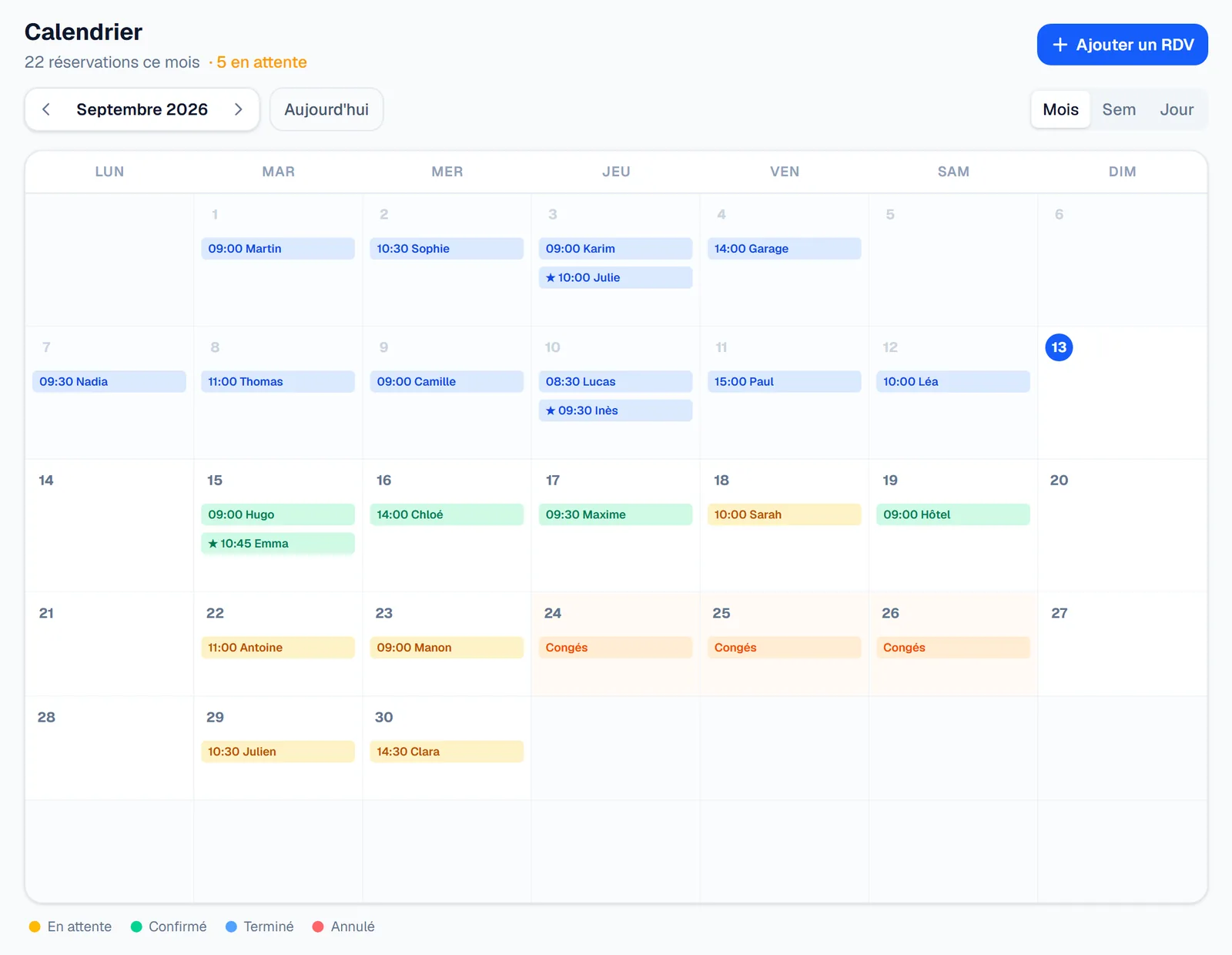 Le calendrier WashBoard : les rendez-vous du mois, les créneaux groupés et les congés
