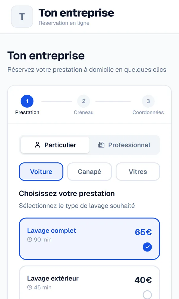La page de réservation WashBoard sur téléphone, côté client